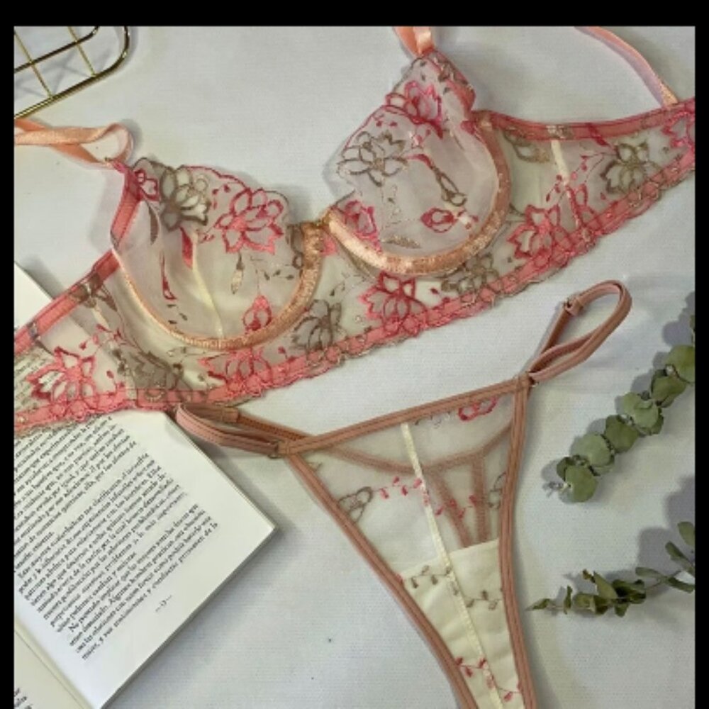 Stephy Floral Embroidery Mesh Bra & Thong Lingerie Set in Coral